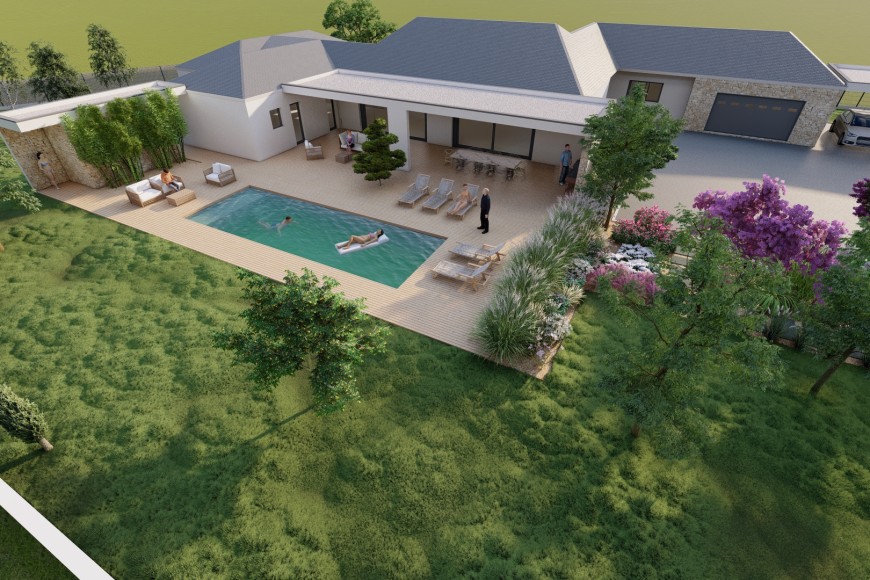 Vue 3D d'un aménagement paysager pour une entrée et un contour de piscine de Villa à Montardon