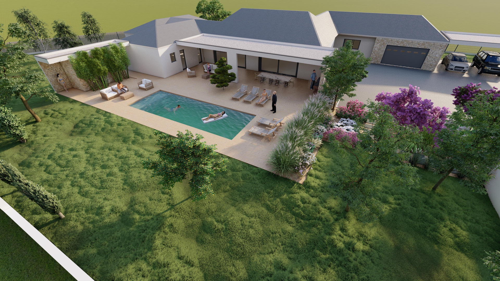 Vue 3D d'un aménagement paysager pour une entrée et un contour de piscine de Villa à Montardon
